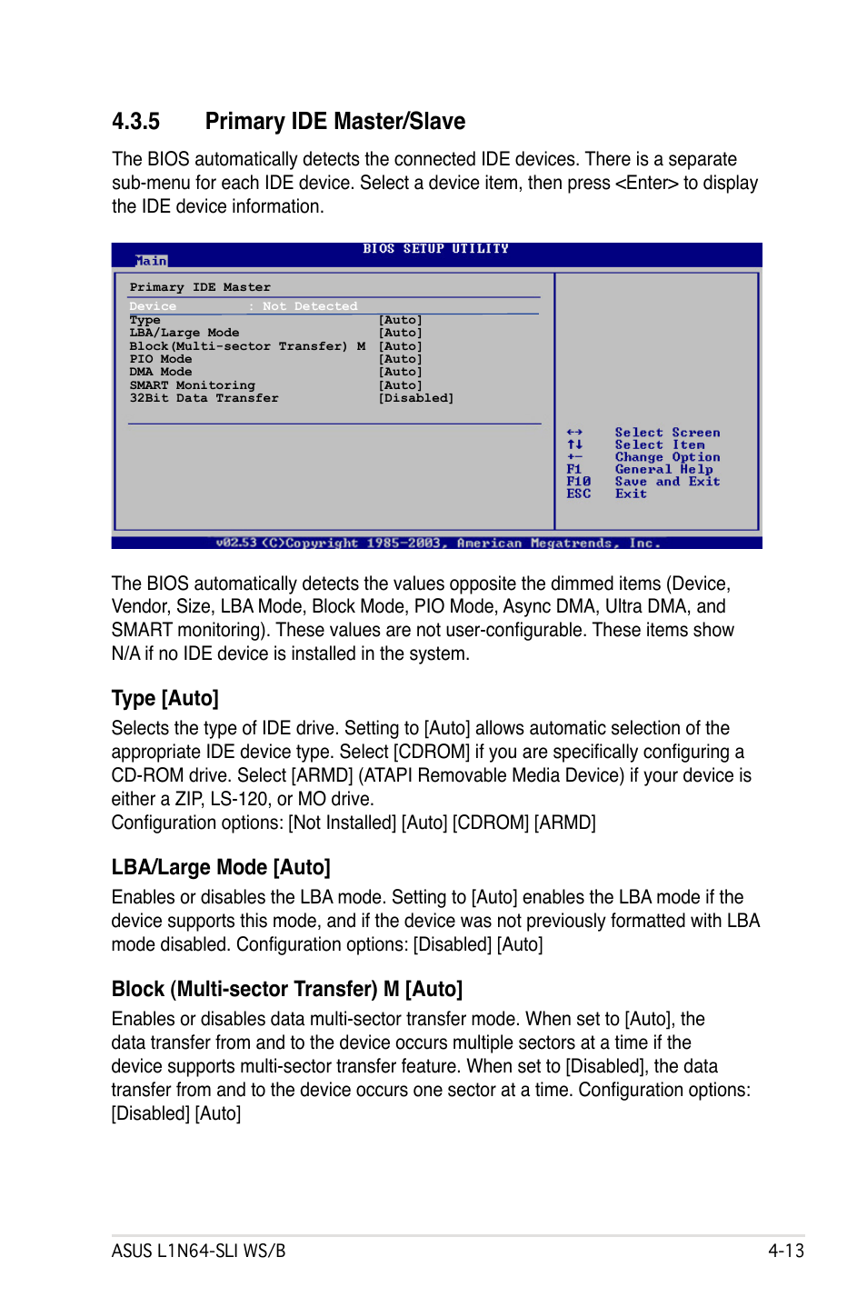 5 primary ide master/slave, Type [auto, Lba/large mode [auto | Block (multi-sector transfer) m [auto | Asus L1N64-SLI WS/B User Manual | Page 71 / 108