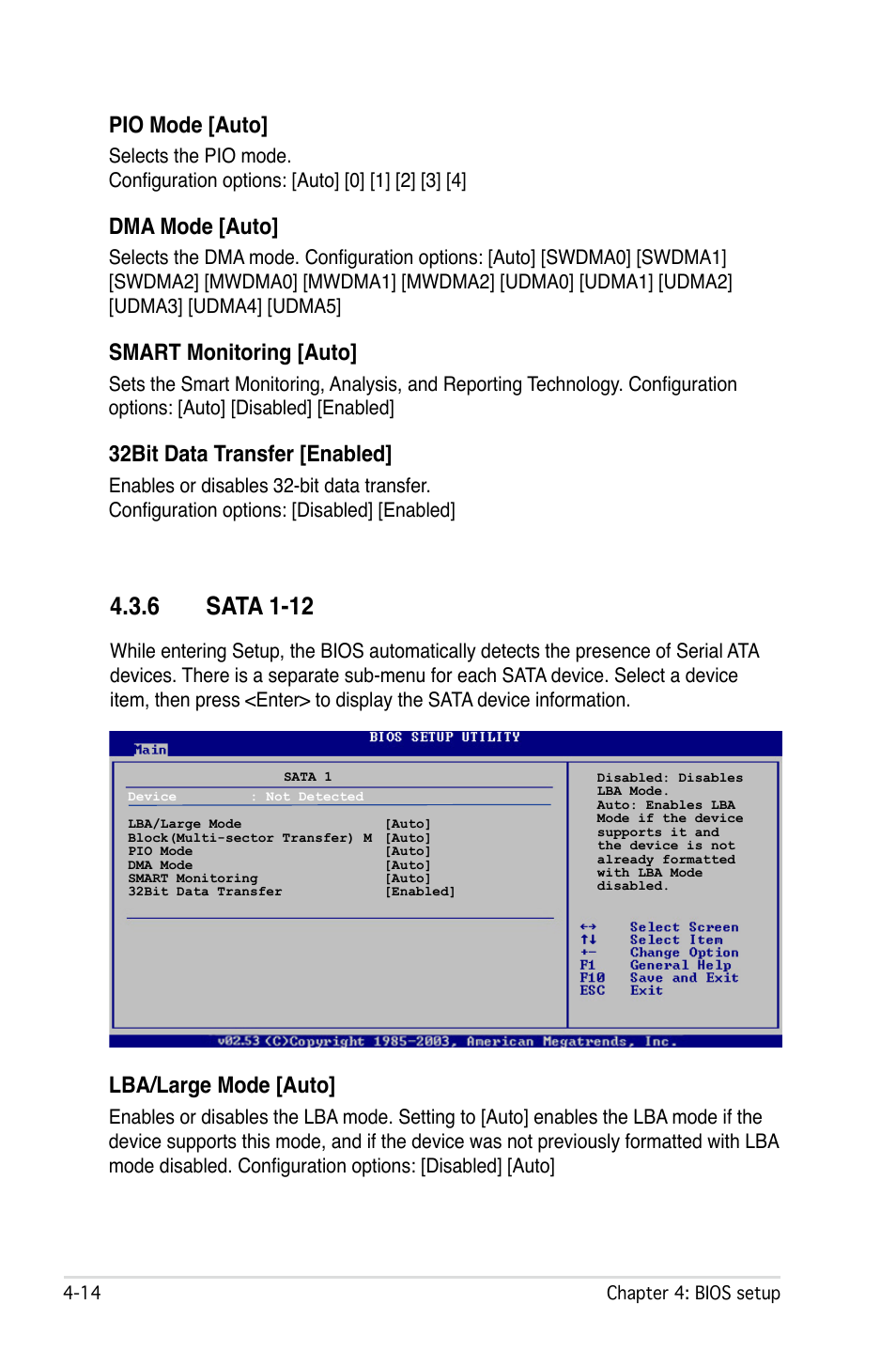 6 sata 1-12, Pio mode [auto, Dma mode [auto | Smart monitoring [auto, 32bit data transfer [enabled, Lba/large mode [auto | Asus L1N64-SLI WS/B User Manual | Page 72 / 108