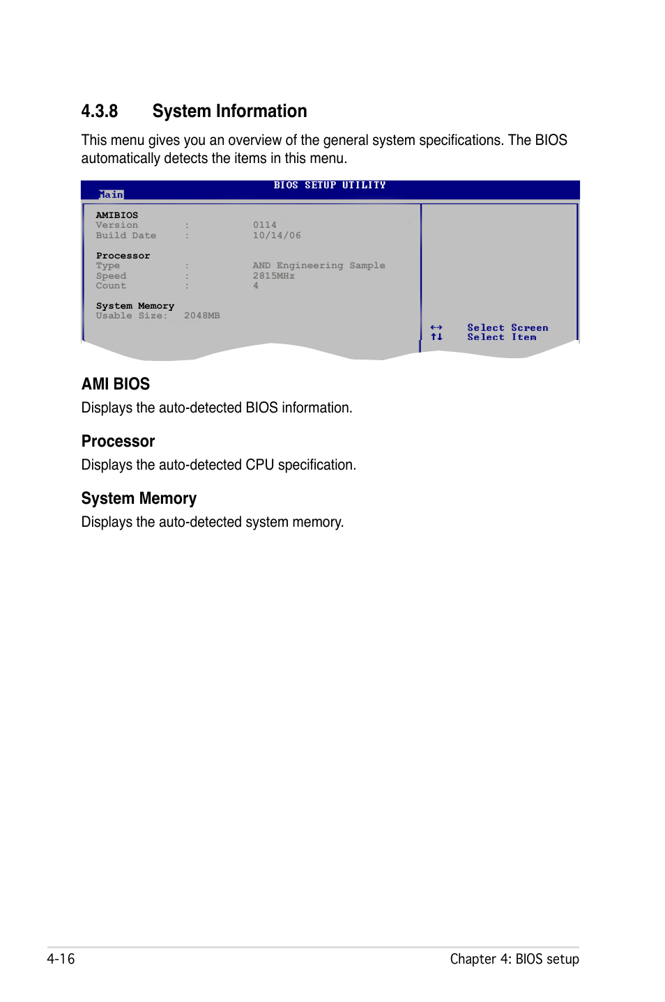 8 system information, Ami bios, Processor | Displays the auto-detected bios information, Displays the auto-detected cpu specification | Asus L1N64-SLI WS/B User Manual | Page 74 / 108