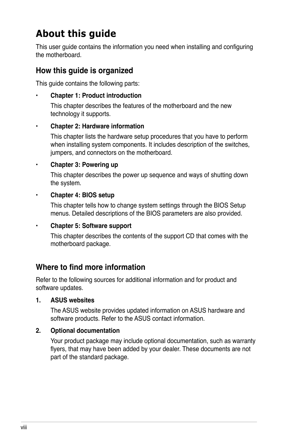 About this guide, How this guide is organized, Where to find more information | Asus L1N64-SLI WS/B User Manual | Page 8 / 108