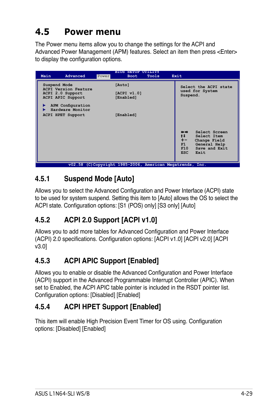 5 power menu, 1 suspend mode [auto, 3 acpi apic support [enabled | 4 acpi hpet support [enabled | Asus L1N64-SLI WS/B User Manual | Page 87 / 108