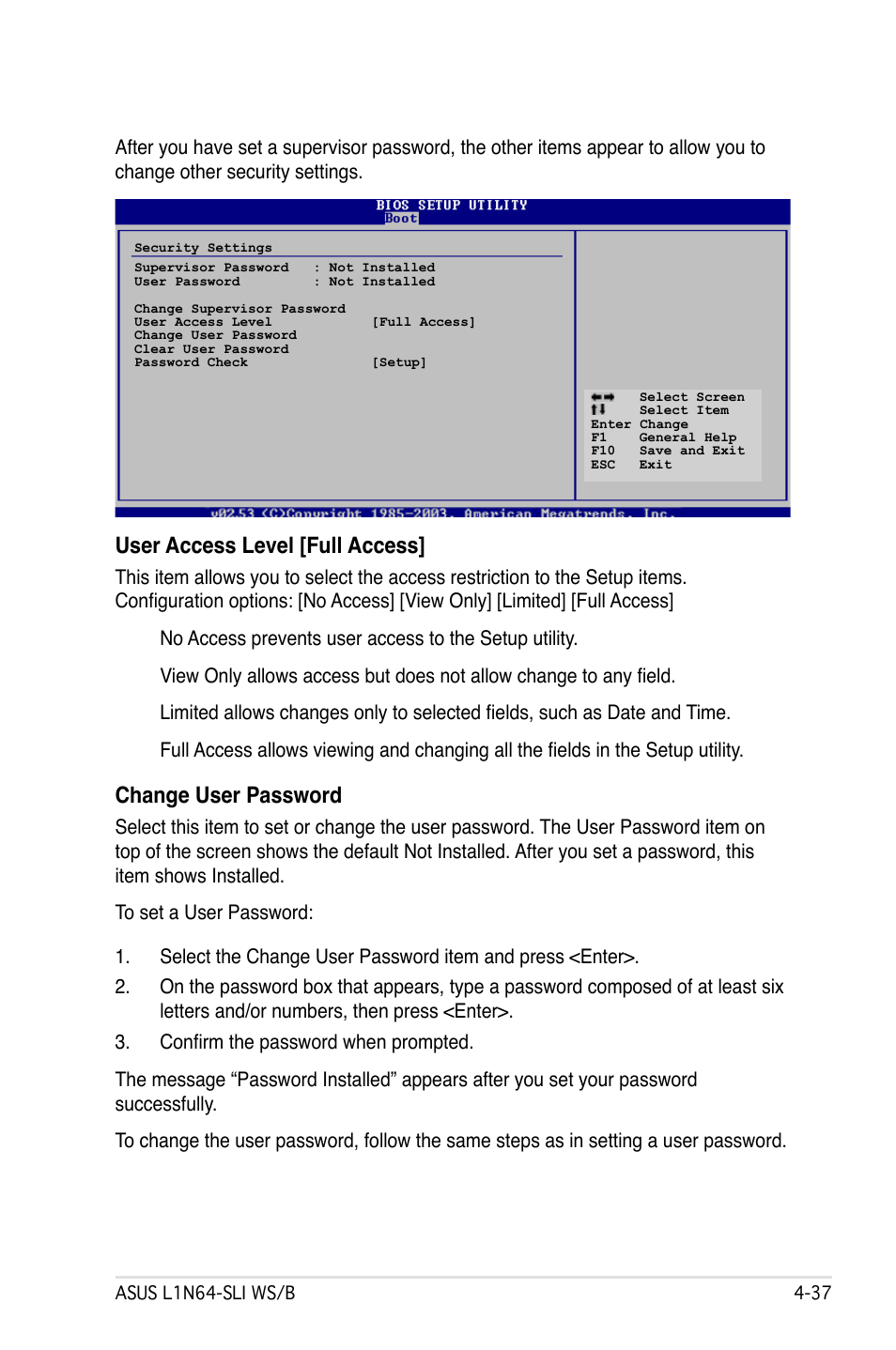 User access level [full access, Change user password | Asus L1N64-SLI WS/B User Manual | Page 95 / 108