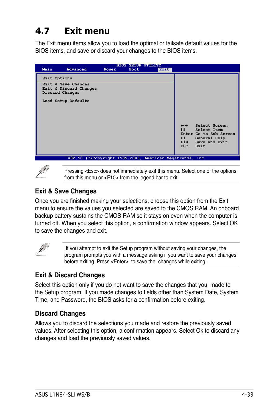 7 exit menu, Exit & discard changes, Discard changes | Exit & save changes | Asus L1N64-SLI WS/B User Manual | Page 97 / 108