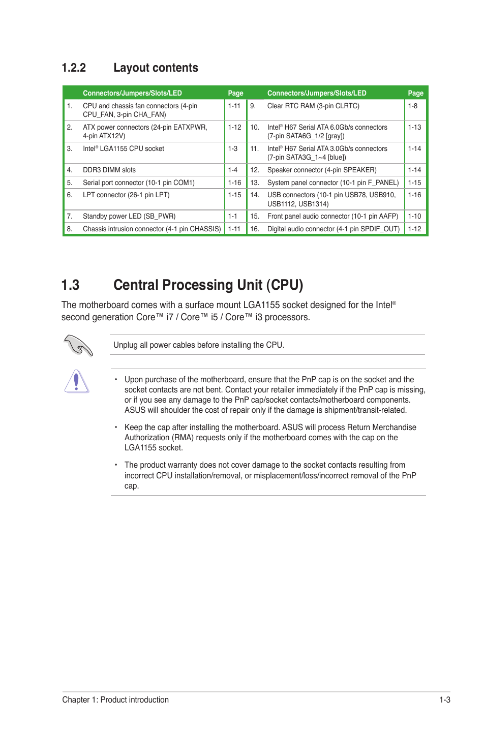 2 layout contents, 3 central processing unit (cpu), Layout contents -3 | Central processing unit (cpu) -3 | Asus P8H67-M2/TPM/SI User Manual | Page 13 / 56
