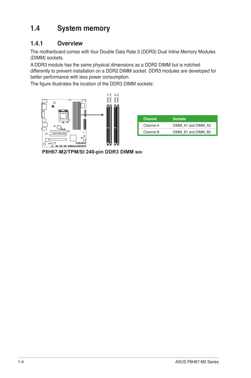 4 system memory, 1 overview, System memory -4 1.4.1 | Overview -4 | Asus P8H67-M2/TPM/SI User Manual | Page 14 / 56