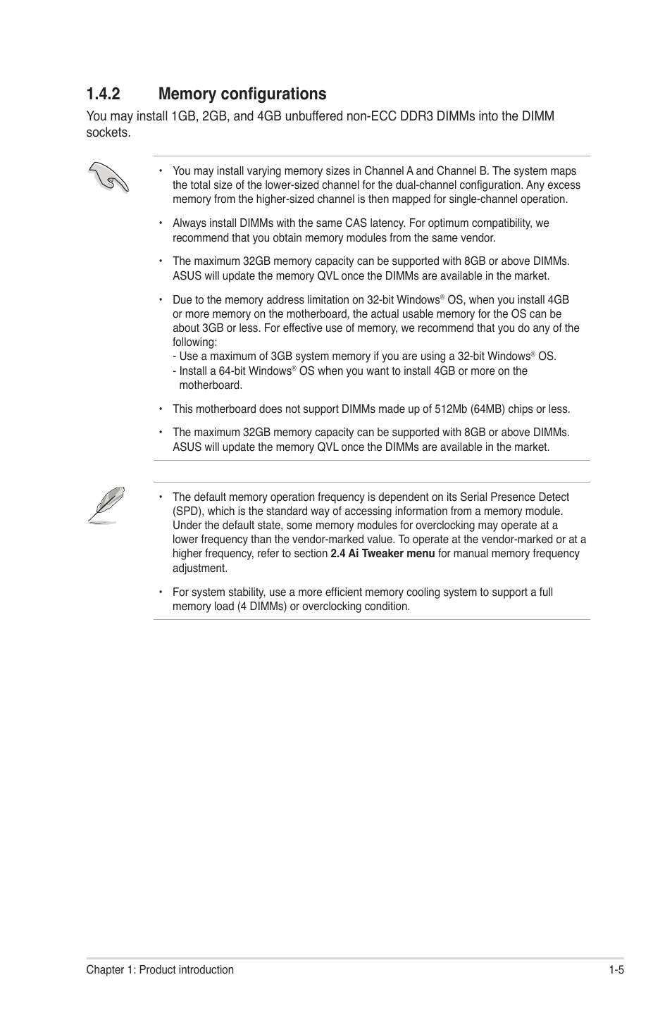 2 memory configurations, Memory configurations -5 | Asus P8H67-M2/TPM/SI User Manual | Page 15 / 56