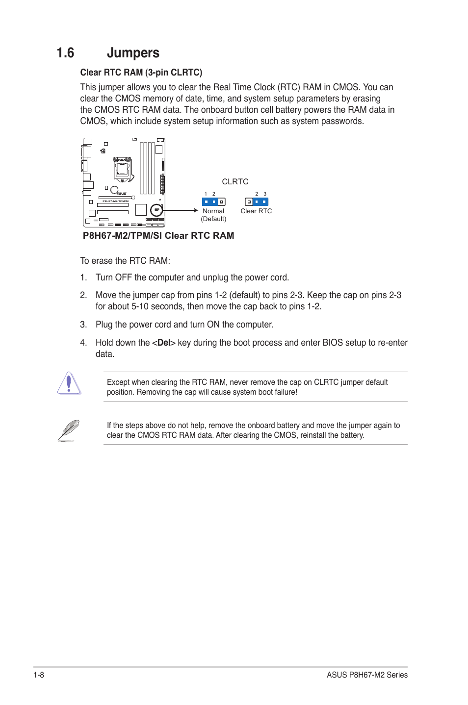 6 jumpers, Jumpers -8 | Asus P8H67-M2/TPM/SI User Manual | Page 18 / 56