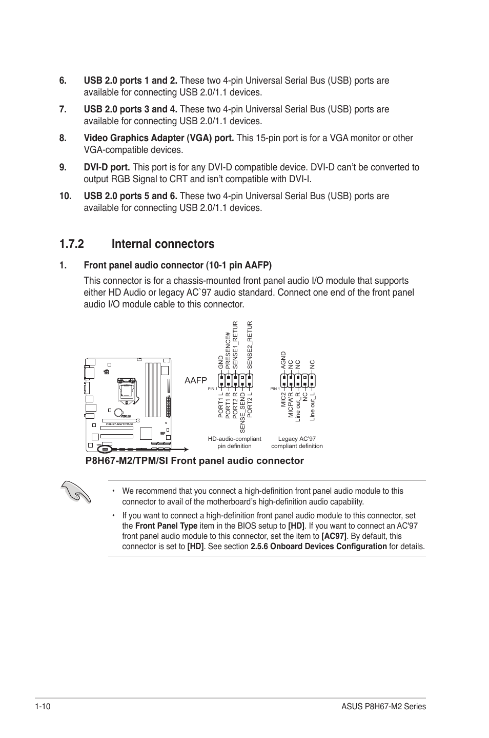 2 internal connectors, Internal connectors -10, P8h67-m2/tpm/si front panel audio connector | Asus P8H67-M2/TPM/SI User Manual | Page 20 / 56