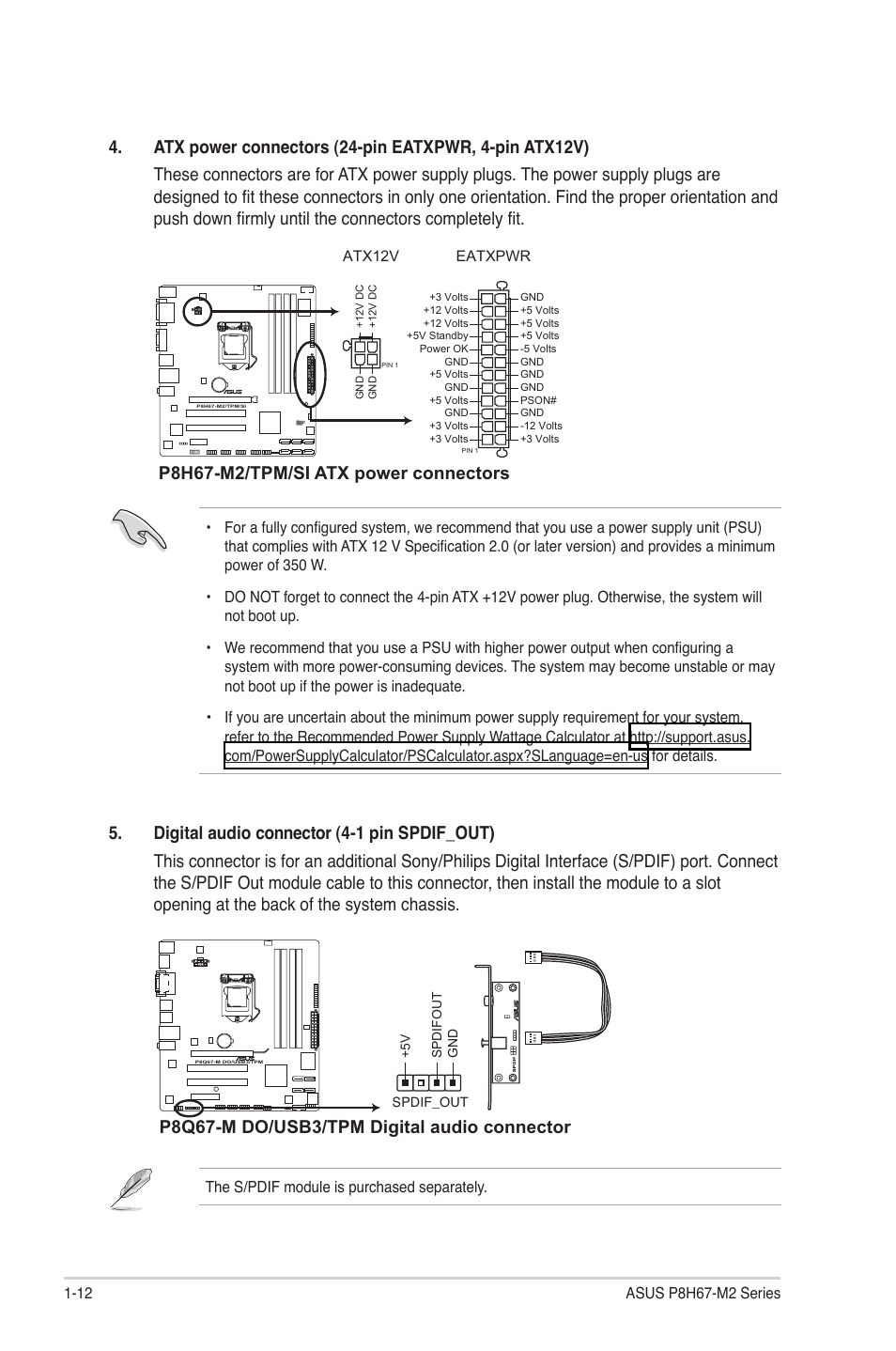 P8q67-m do/usb3/tpm digital audio connector, P8h67-m2/tpm/si atx power connectors | Asus P8H67-M2/TPM/SI User Manual | Page 22 / 56