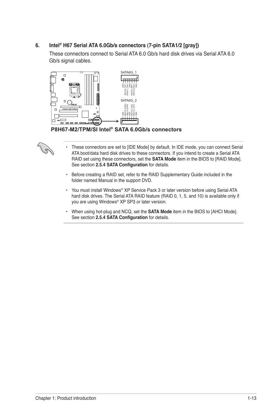 Intel, P8h67-m2/tpm/si intel, Sata 6.0gb/s connectors | 13 chapter 1: product introduction | Asus P8H67-M2/TPM/SI User Manual | Page 23 / 56