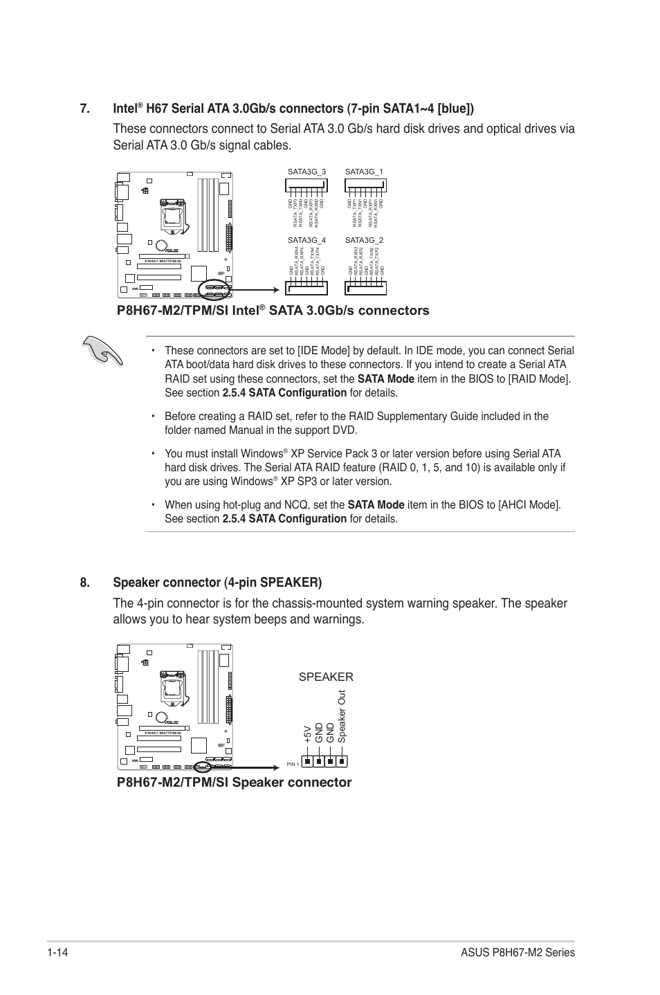Intel, P8h67-m2/tpm/si intel, Sata 3.0gb/s connectors | P8h67-m2/tpm/si speaker connector, Speaker | Asus P8H67-M2/TPM/SI User Manual | Page 24 / 56