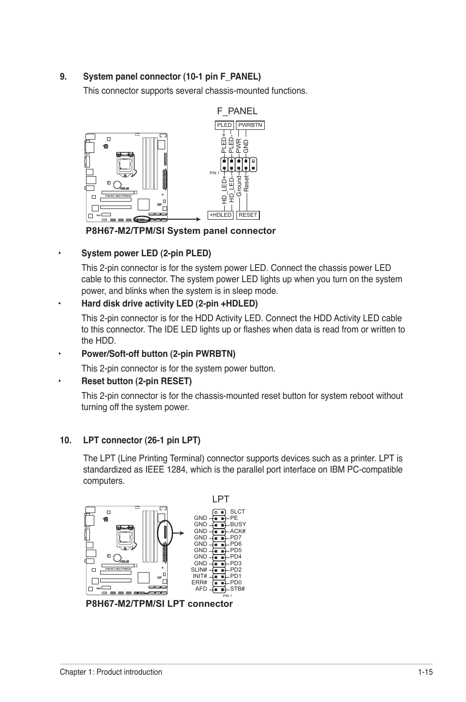 F_panel, P8h67-m2/tpm/si system panel connector, P8h67-m2/tpm/si lpt connector lpt | Asus P8H67-M2/TPM/SI User Manual | Page 25 / 56