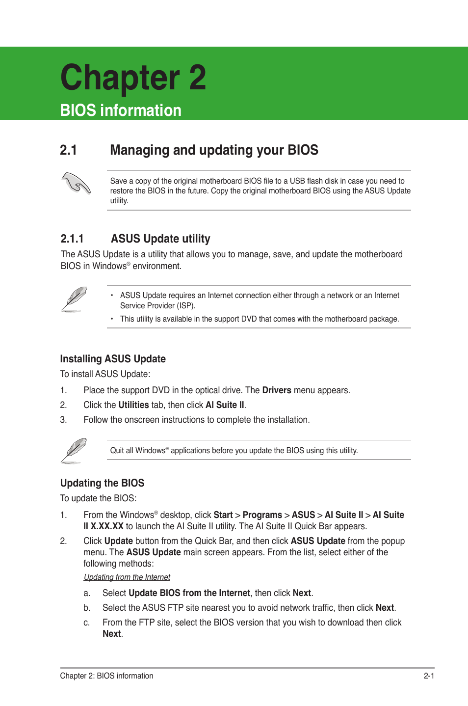 Chapter 2, Bios information, 1 managing and updating your bios | 1 asus update utility, Managing and updating your bios -1 2.1.1, Asus update utility -1 | Asus P8H67-M2/TPM/SI User Manual | Page 29 / 56