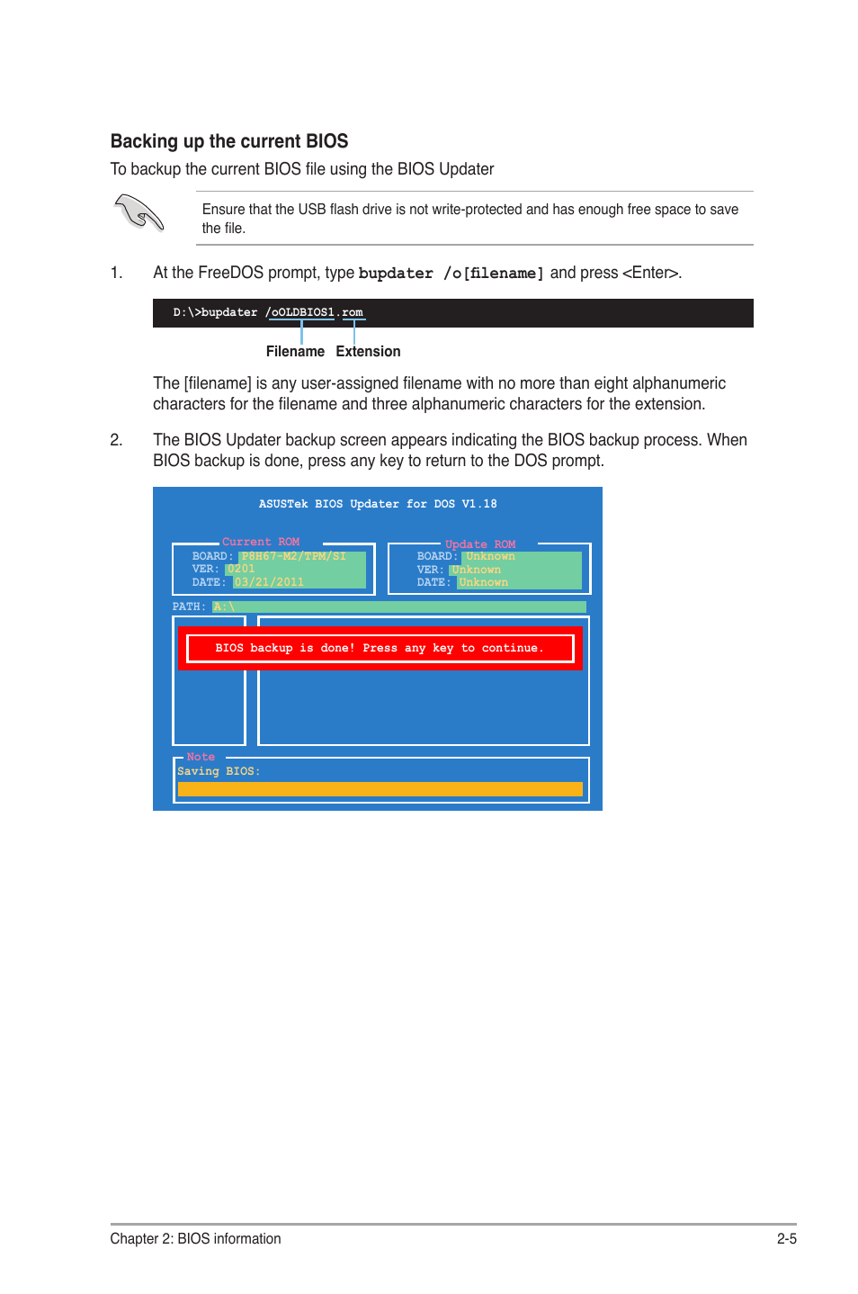 Backing up the current bios | Asus P8H67-M2/TPM/SI User Manual | Page 33 / 56