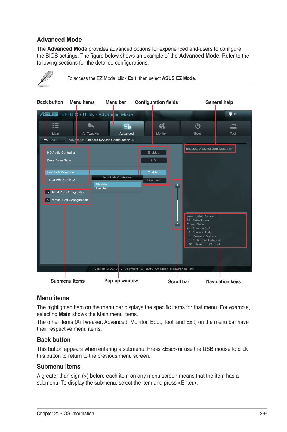 Advanced mode, Menu items, Back button | Submenu items | Asus P8H67-M2/TPM/SI User Manual | Page 37 / 56