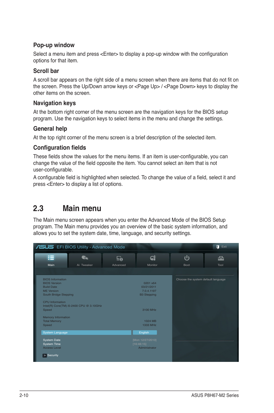 3 main menu, Main menu -10, Pop-up window | Scroll bar, Navigation keys, General help, Configuration fields | Asus P8H67-M2/TPM/SI User Manual | Page 38 / 56
