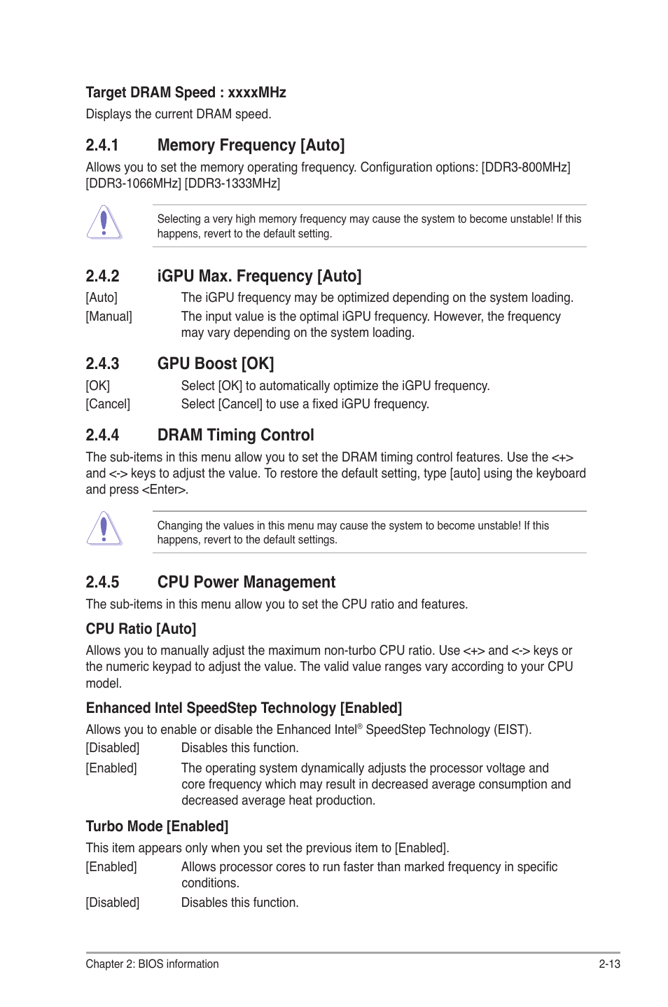 1 memory frequency [auto, 2 igpu max. frequency [auto, 3 gpu boost [ok | 4 dram timing control, 5 cpu power management, Memory frequency [auto] -13, Igpu max. frequency [auto] -13, Gpu boost [ok] -13, Dram timing control -13, Cpu power management -13 | Asus P8H67-M2/TPM/SI User Manual | Page 41 / 56