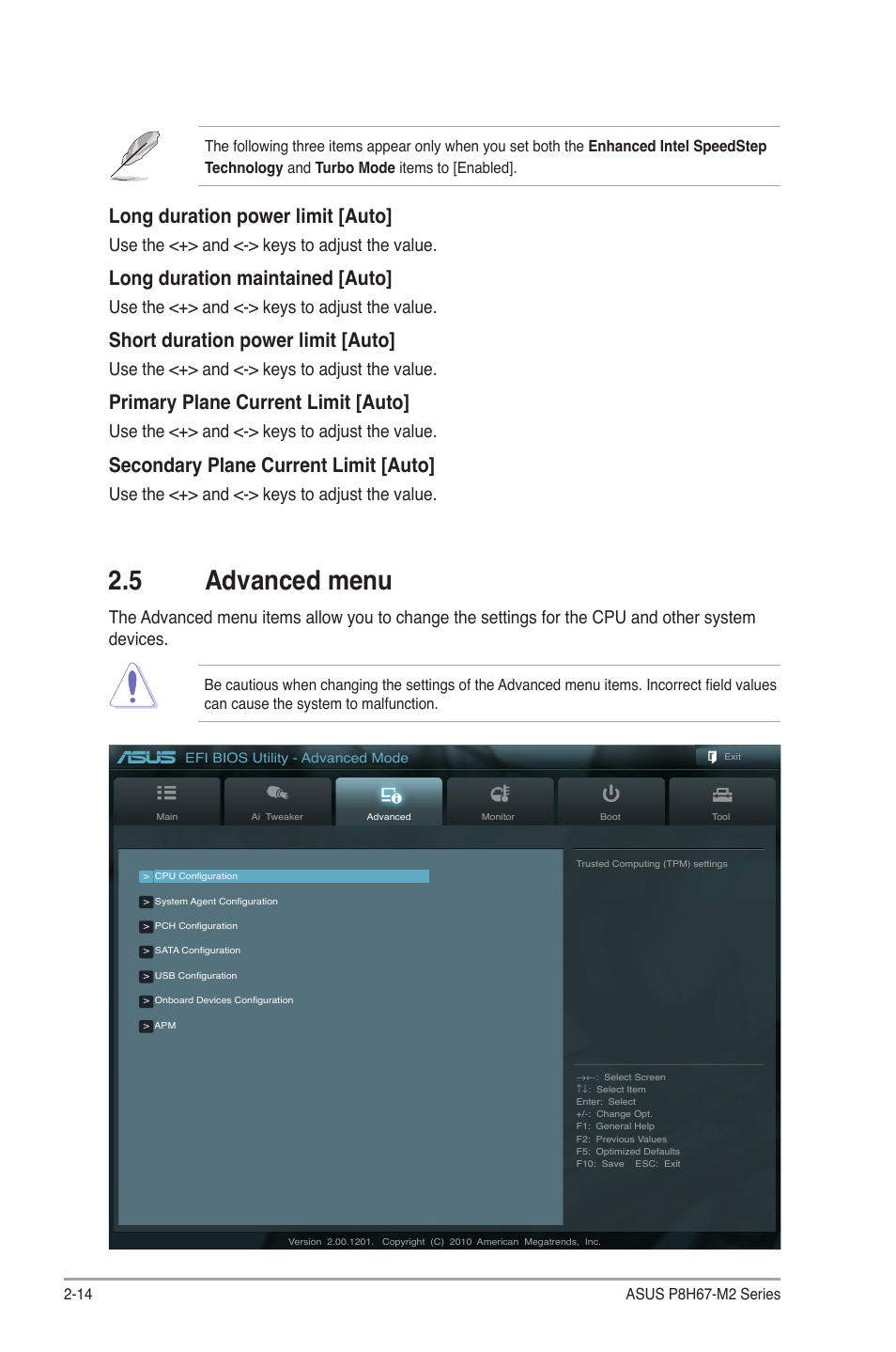 5 advanced menu, Advanced menu -14, Long duration power limit [auto | Long duration maintained [auto, Short duration power limit [auto, Primary plane current limit [auto, Secondary plane current limit [auto, Use the <+> and <-> keys to adjust the value | Asus P8H67-M2/TPM/SI User Manual | Page 42 / 56