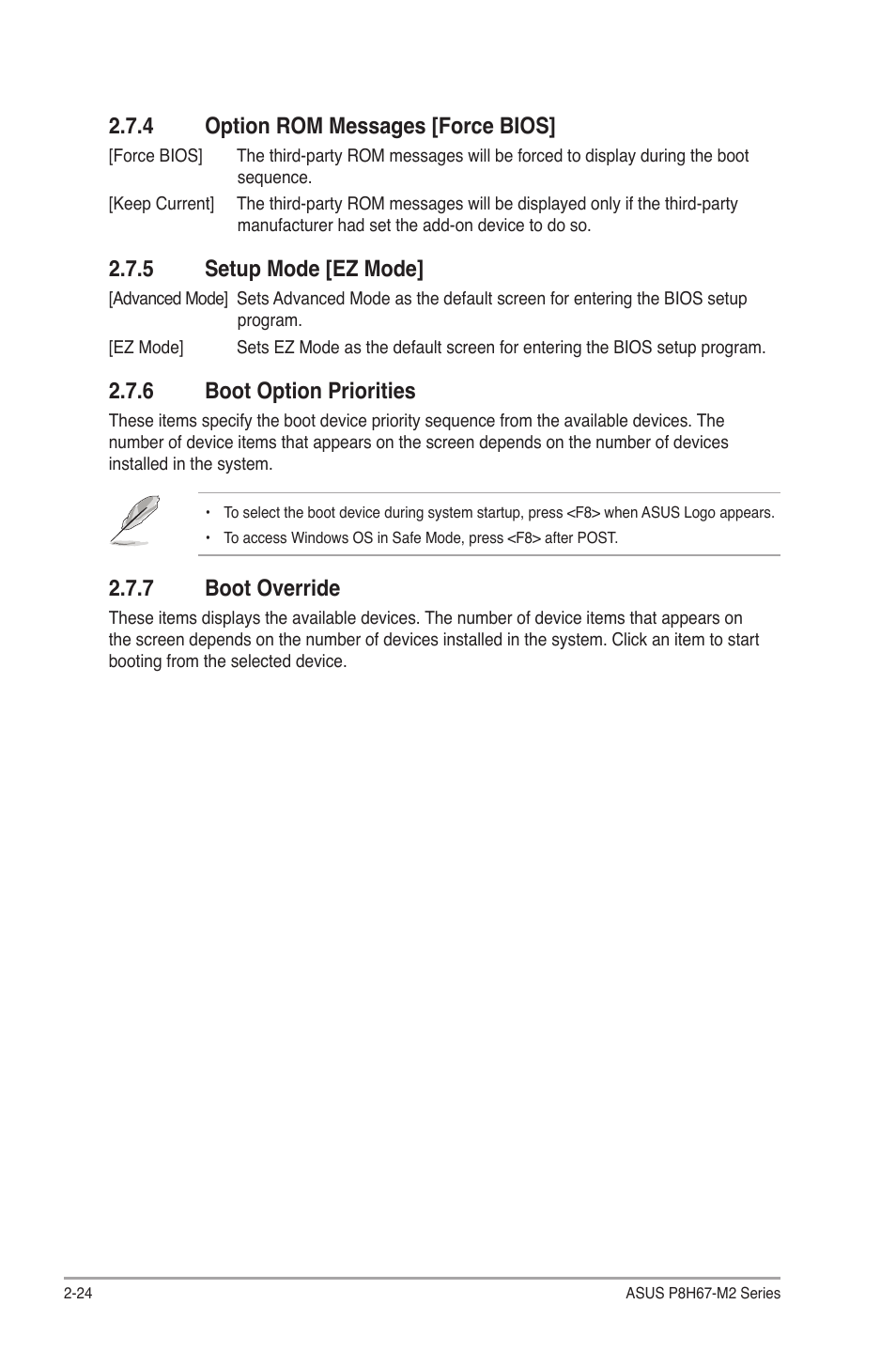 4 option rom messages [force bios, 5 setup mode [ez mode, 6 boot option priorities | 7 boot override, Option rom messages [force bios] -24, Setup mode [ez mode] -24, Boot option priorities -24, Boot override -24 | Asus P8H67-M2/TPM/SI User Manual | Page 52 / 56