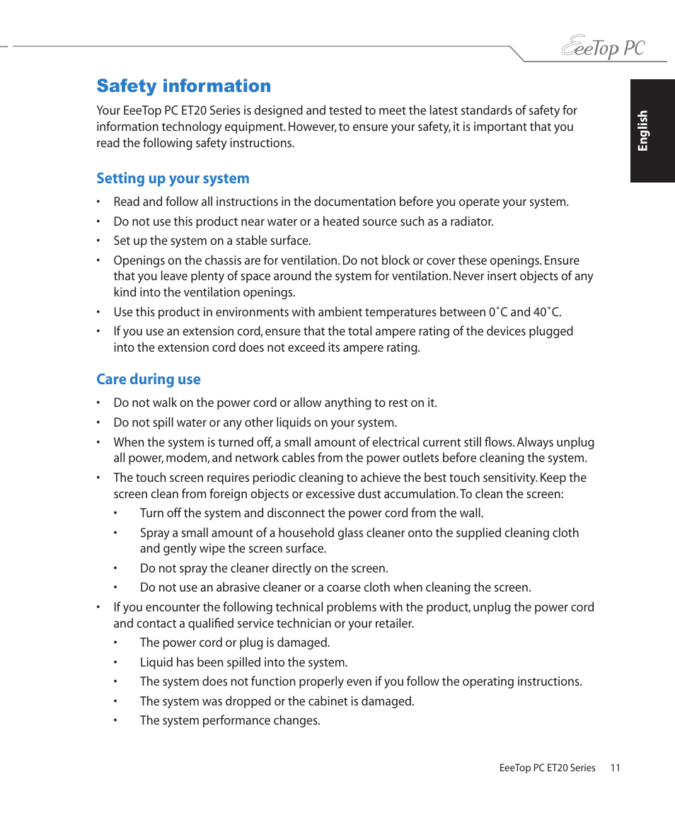 Safety information, Setting up your system, Care during use | Setting up your system care during use | Asus ET2002T User Manual | Page 11 / 32