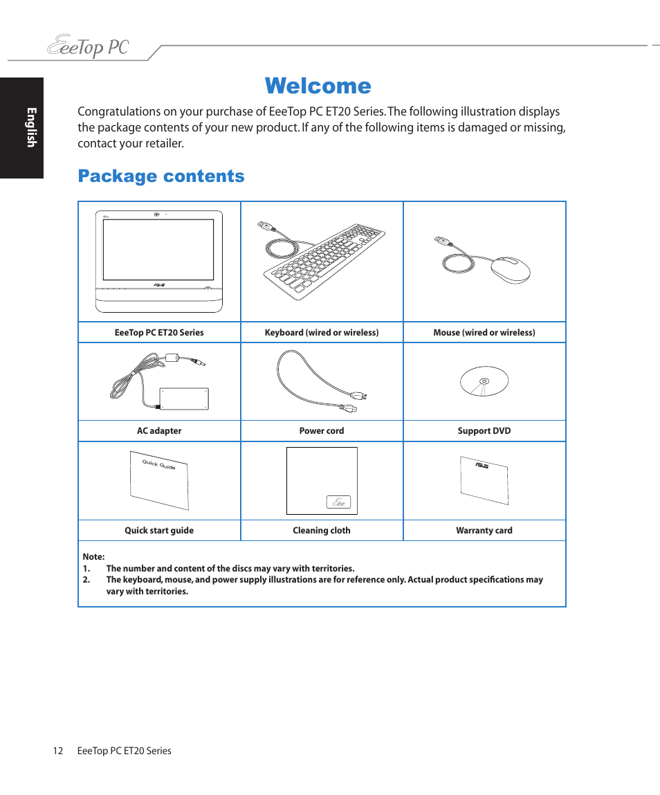 Welcome, Package contents | Asus ET2002T User Manual | Page 12 / 32