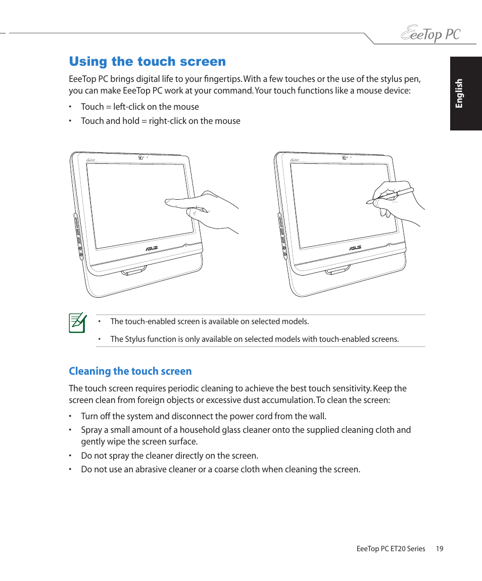 Using the touch screen, Cleaning the touch screen | Asus ET2002T User Manual | Page 19 / 32