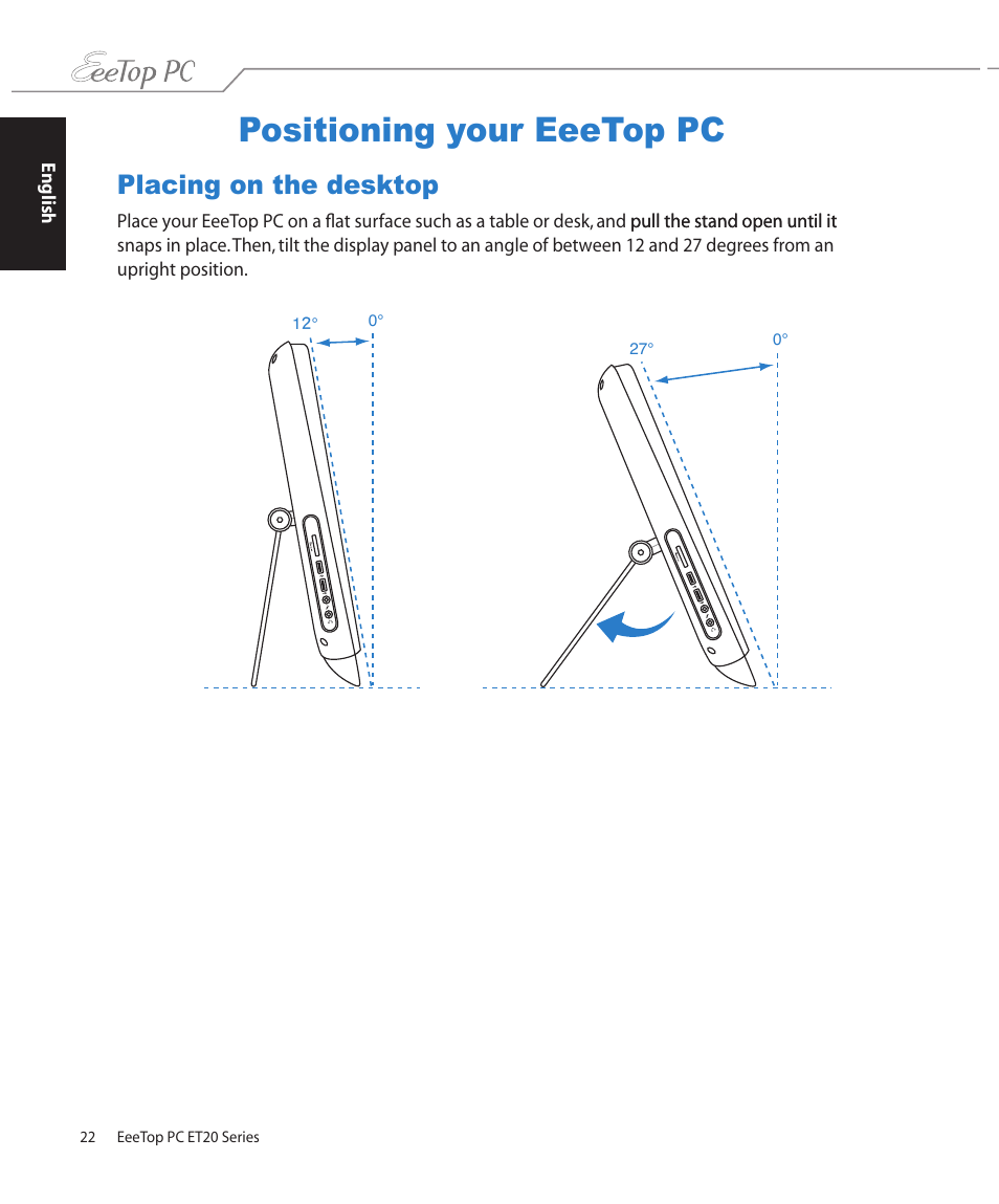 Positioning your eeetop pc, Placing on the desktop | Asus ET2002T User Manual | Page 22 / 32