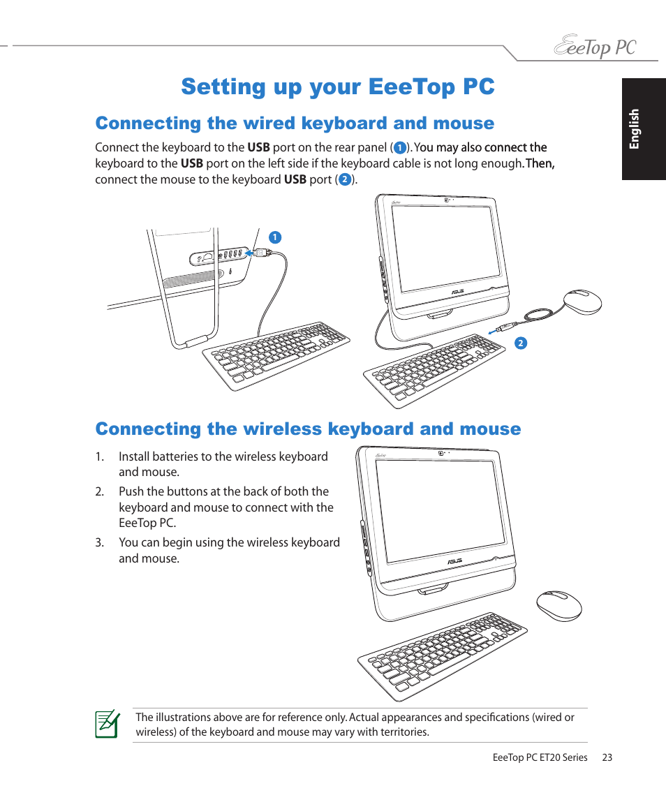 Setting up your eeetop pc, Connecting the wired keyboard and mouse, Connecting the wireless keyboard and mouse | Asus ET2002T User Manual | Page 23 / 32