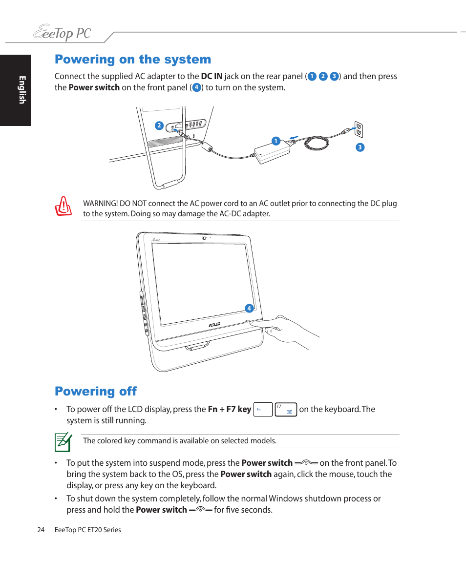 Powering on the system, Powering off, Powering on the system powering off | Asus ET2002T User Manual | Page 24 / 32