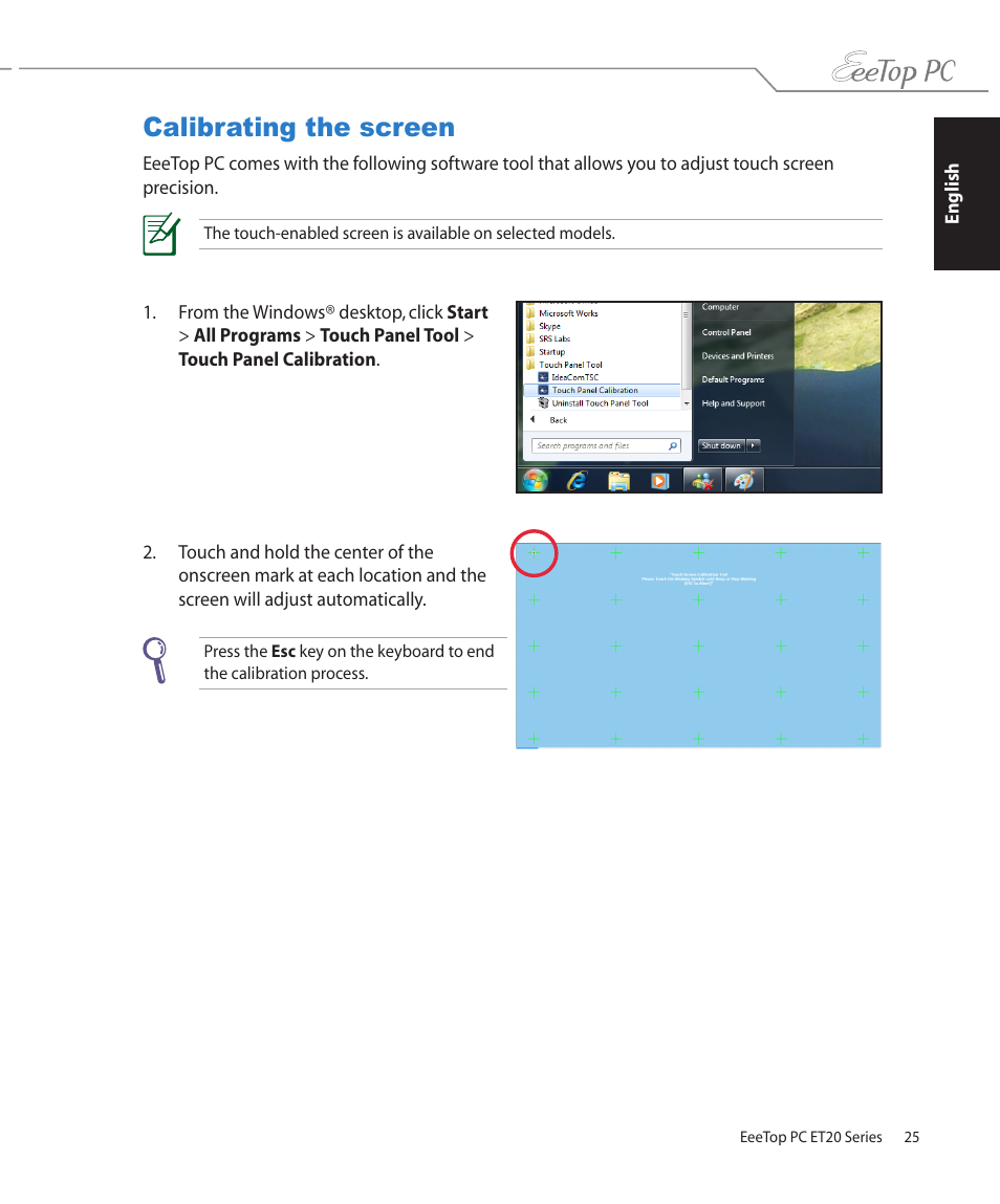 Calibrating the screen | Asus ET2002T User Manual | Page 25 / 32