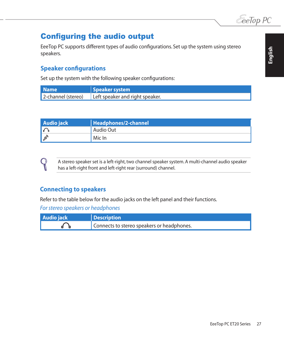 Configuring the audio output, Speaker configurations, Connecting to speakers | Speaker configurations connecting to speakers | Asus ET2002T User Manual | Page 27 / 32