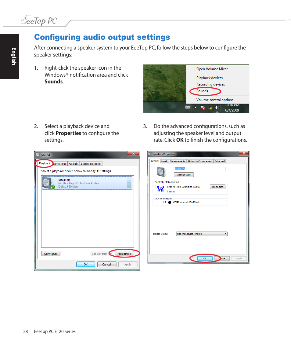 Configuring audio output settings | Asus ET2002T User Manual | Page 28 / 32