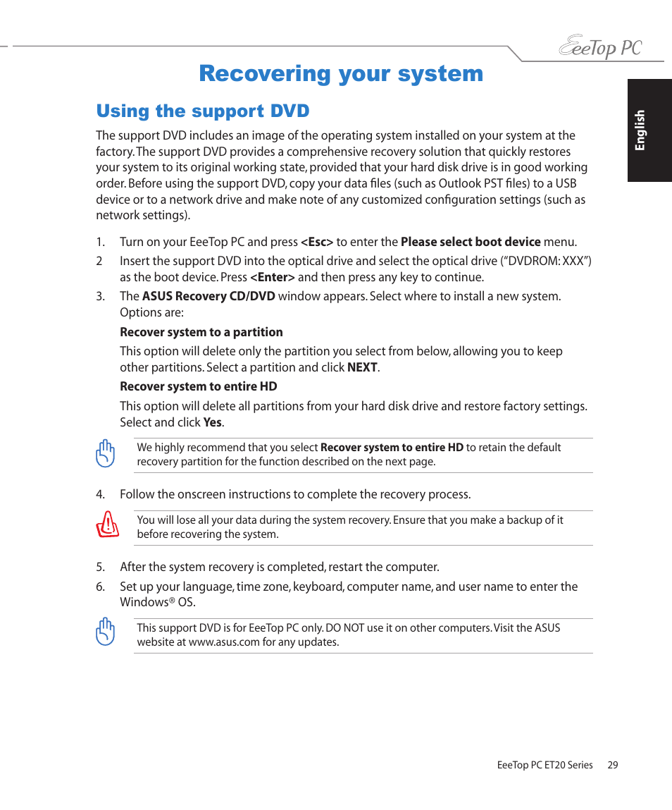 Recovering your system, Using the support dvd | Asus ET2002T User Manual | Page 29 / 32