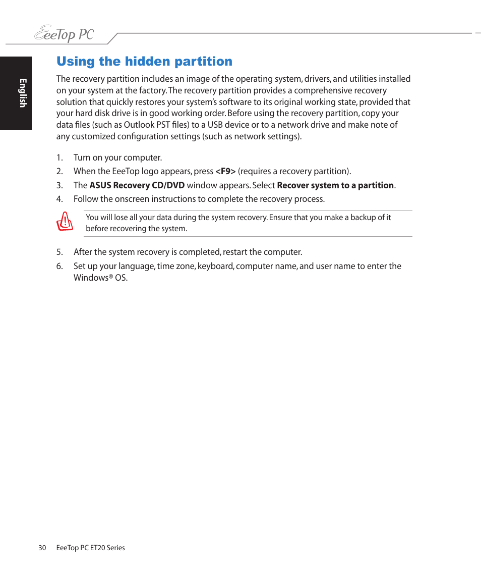 Using the hidden partition | Asus ET2002T User Manual | Page 30 / 32