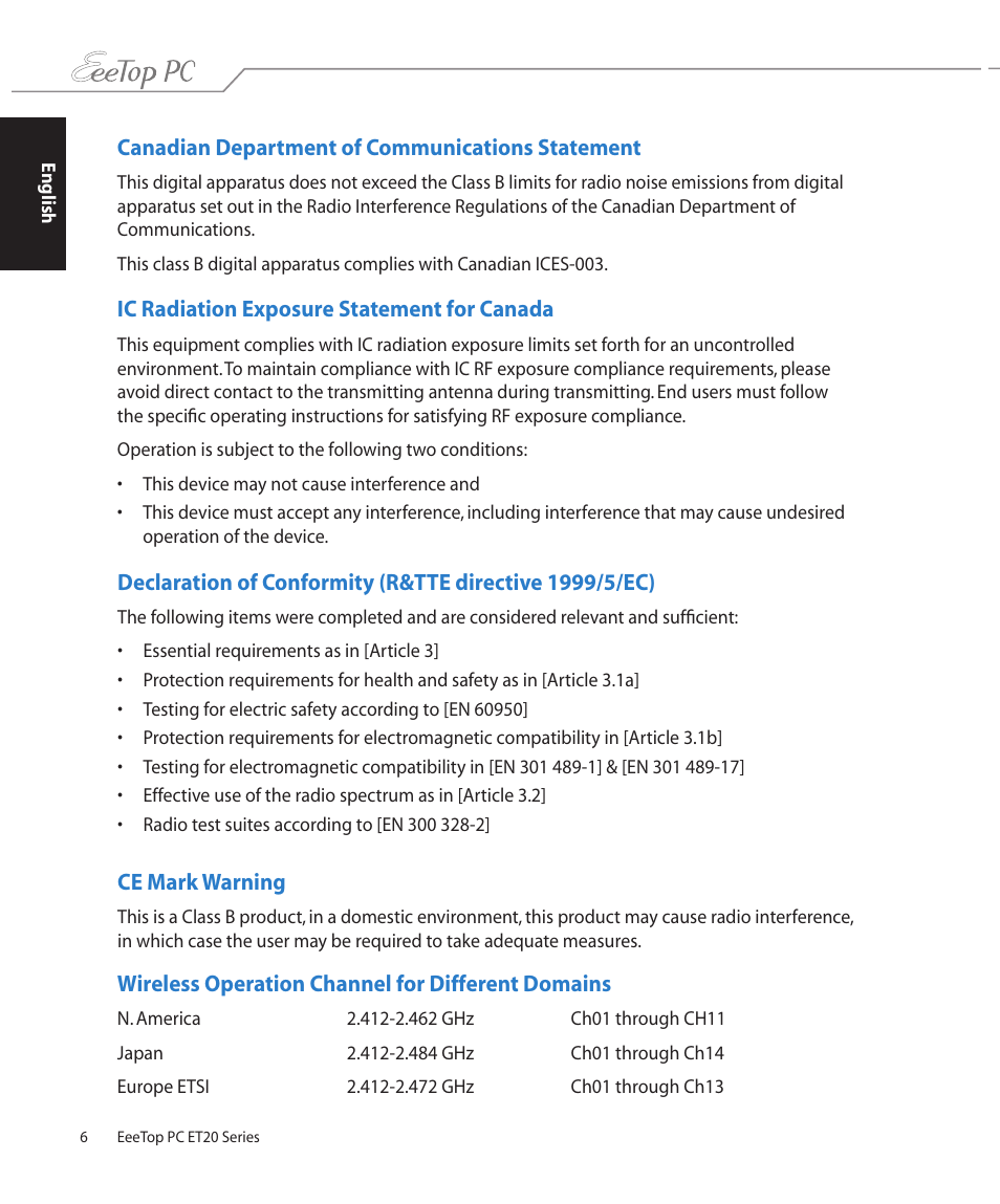 Canadian department of communications statement, Ic radiation exposure statement for canada, Ce mark warning | Wireless operation channel for different domains | Asus ET2002T User Manual | Page 6 / 32