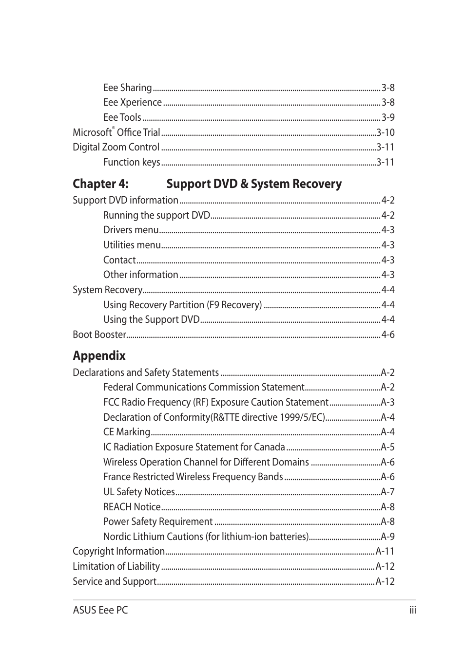 Chapter 4: support dvd & system recovery, Appendix | Asus Eee PC 1201T User Manual | Page 3 / 62