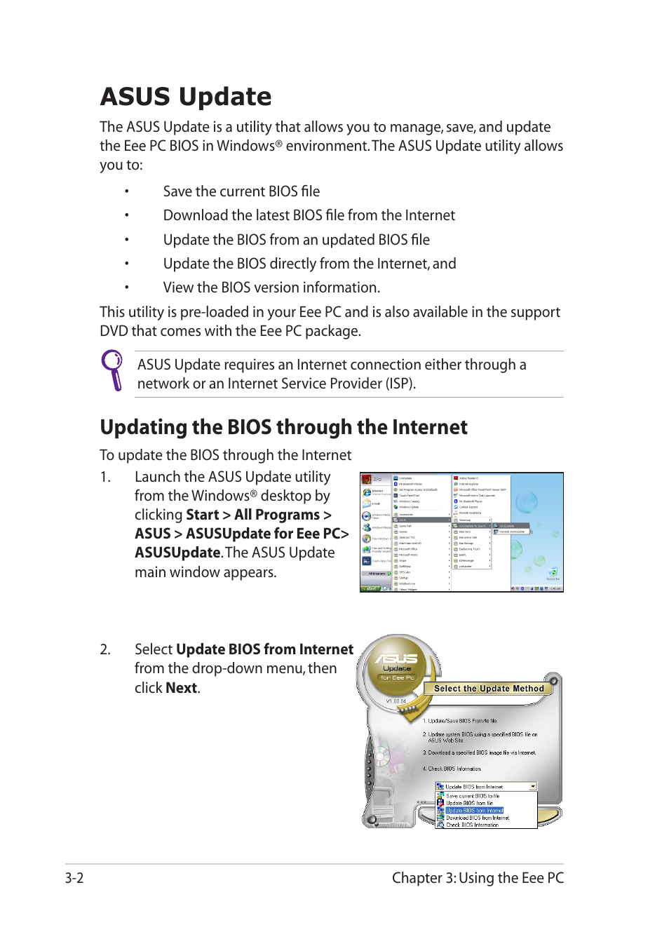Asus update, Updating the bios through the internet, Asus update -2 | Updating the bios through the internet -2 | Asus Eee PC 1201T User Manual | Page 34 / 62