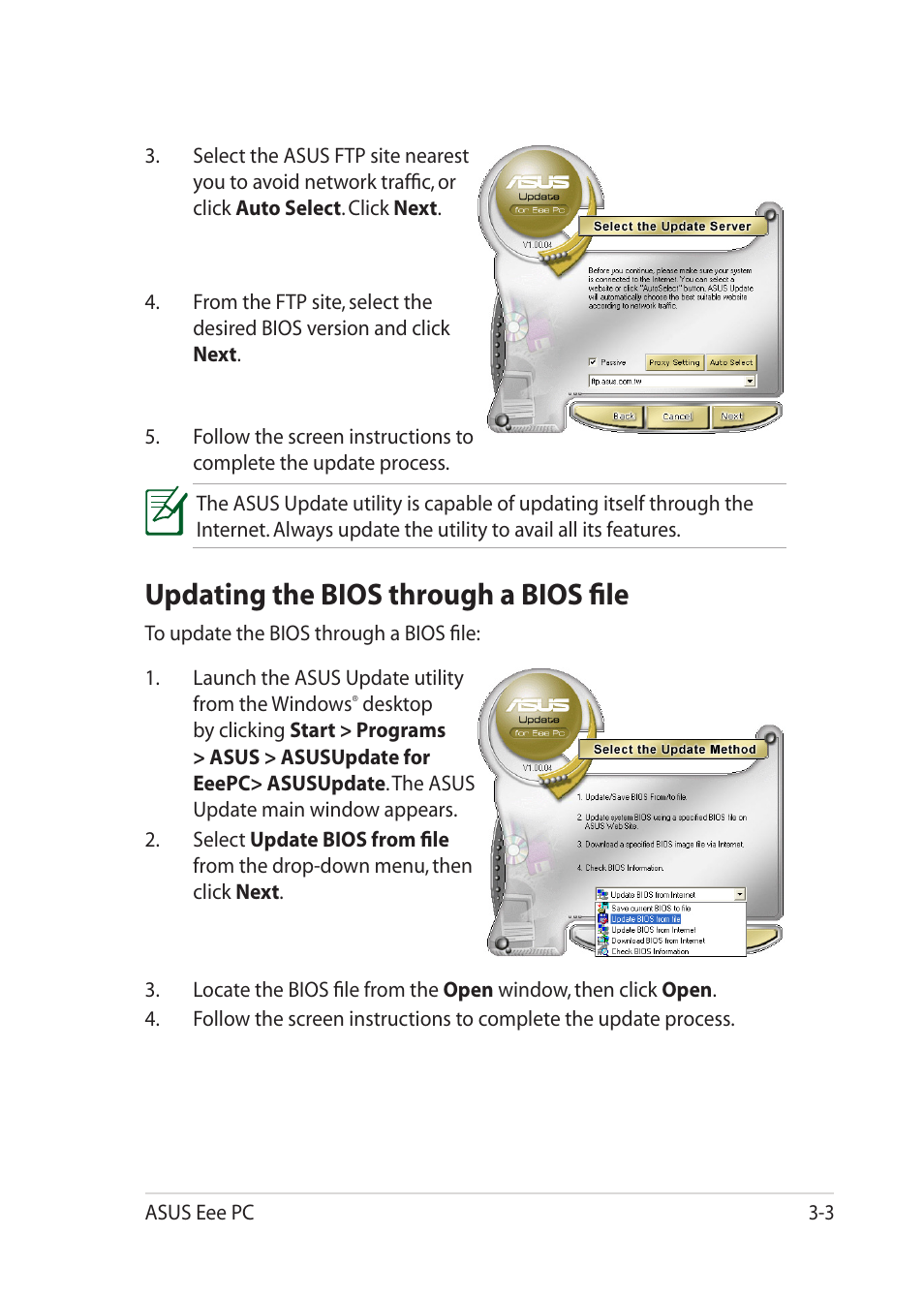 Updating the bios through a bios file, Updating the bios through a bios file -3 | Asus Eee PC 1201T User Manual | Page 35 / 62