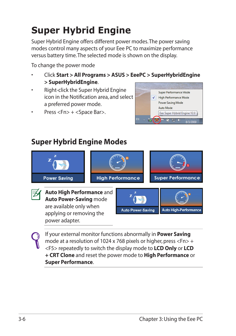 Super hybrid engine, Super hybrid engine modes | Asus Eee PC 1201T User Manual | Page 38 / 62