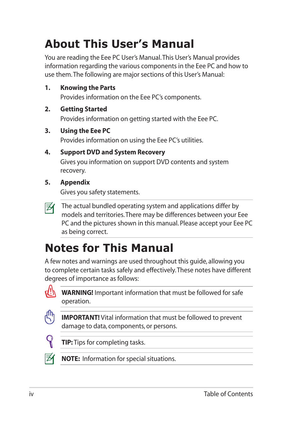 About this user’s manual, Notes for this manual | Asus Eee PC 1201T User Manual | Page 4 / 62