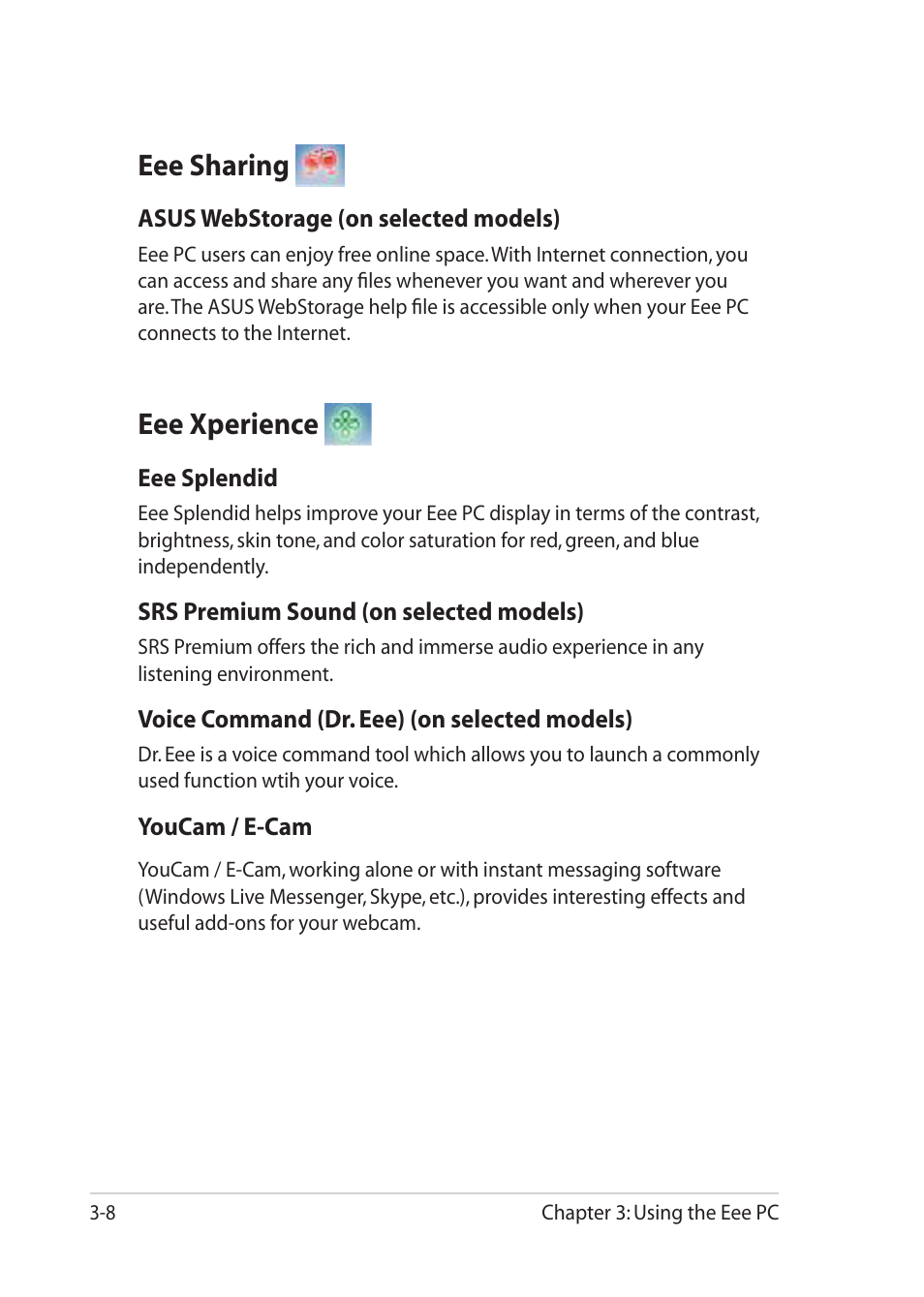 Eee sharing, Eee xperience, Eee sharing -8 eee xperience -8 | Asus Eee PC 1201T User Manual | Page 40 / 62