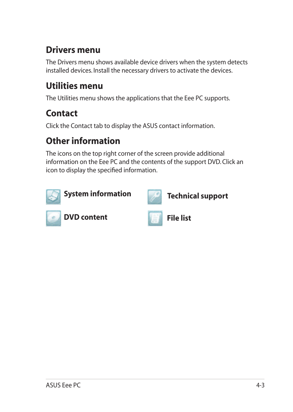 Drivers menu, Utilities menu, Contact | Other information | Asus Eee PC 1201T User Manual | Page 47 / 62