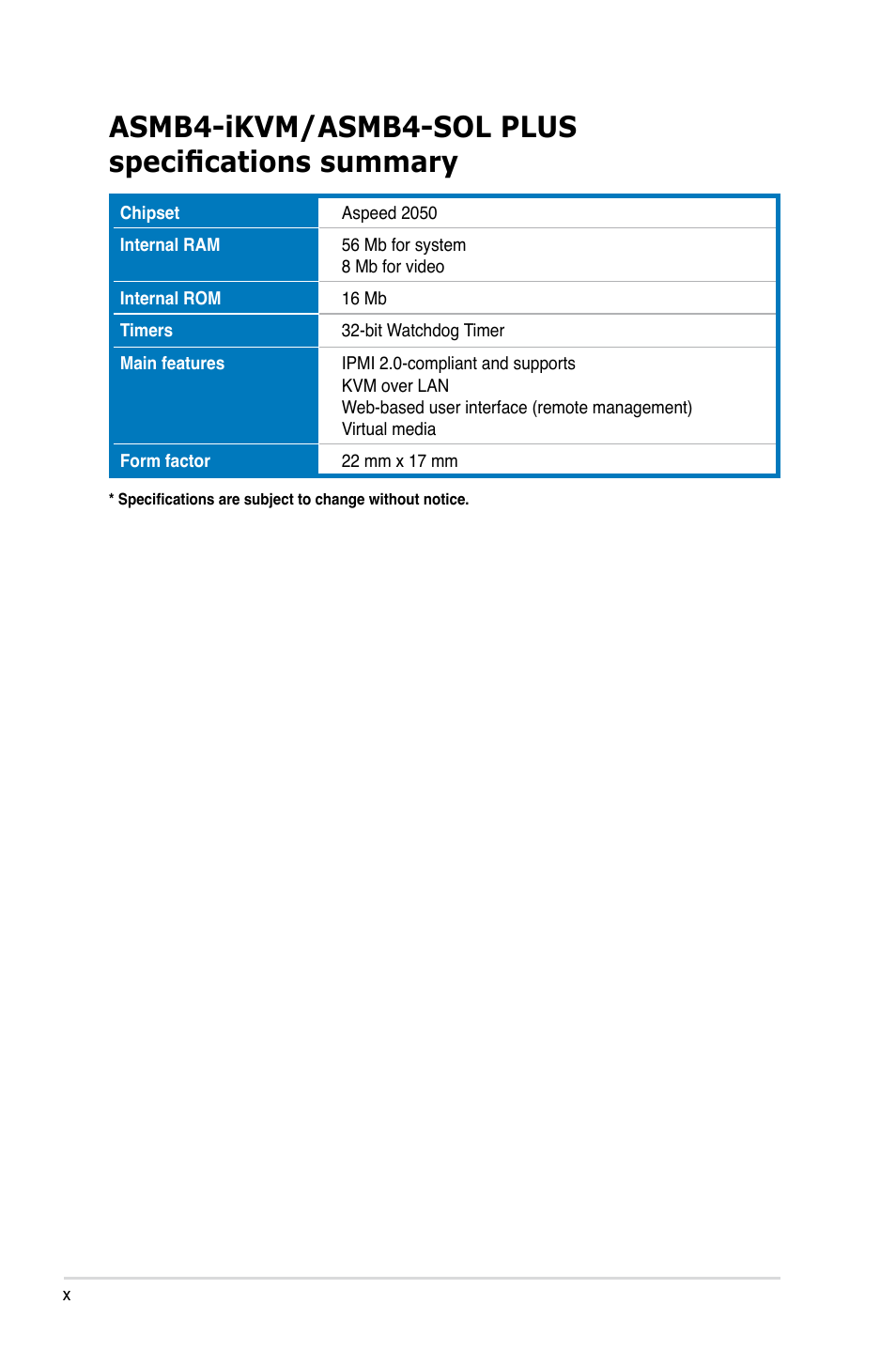 Asmb4-ikvm/asmb4-sol plus specifications summary | Asus ASMB4-iKVM User Manual | Page 10 / 76