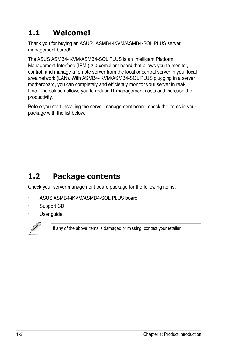 1 welcome, 2 package contents, Welcome! -2 | Package contents -2 | Asus ASMB4-iKVM User Manual | Page 12 / 76
