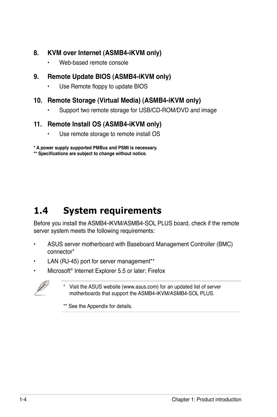 4 system requirements, System requirements -4 | Asus ASMB4-iKVM User Manual | Page 14 / 76