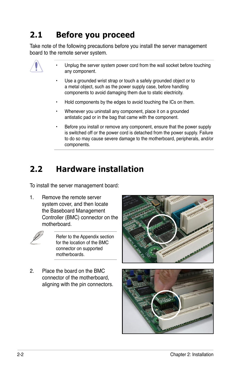 1 before you proceed, 2 hardware installation, Before you proceed -2 | Hardware installation -2 | Asus ASMB4-iKVM User Manual | Page 18 / 76