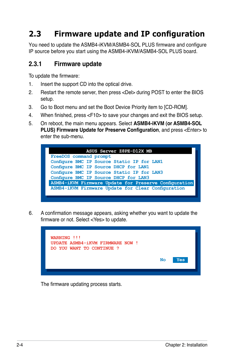 3 firmware update and ip configuration, 1 firmware update, Firmware update and ip configuration -4 2.3.1 | Firmware update -4 | Asus ASMB4-iKVM User Manual | Page 20 / 76