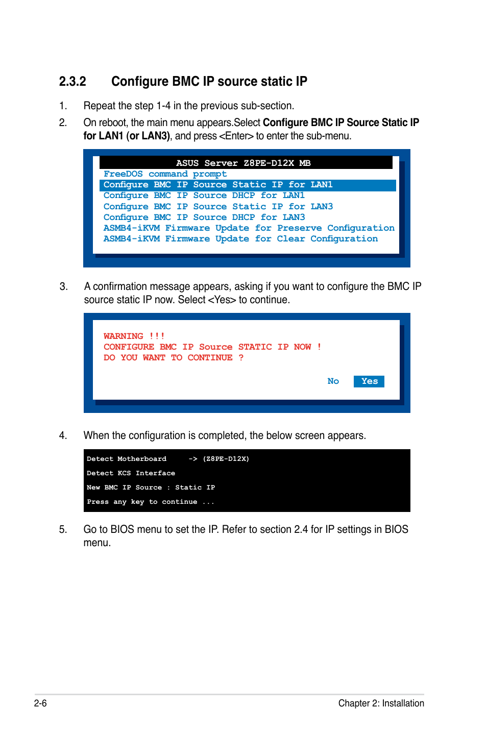 2 configure bmc ip source static ip, Configure bmc ip source static ip -6 | Asus ASMB4-iKVM User Manual | Page 22 / 76