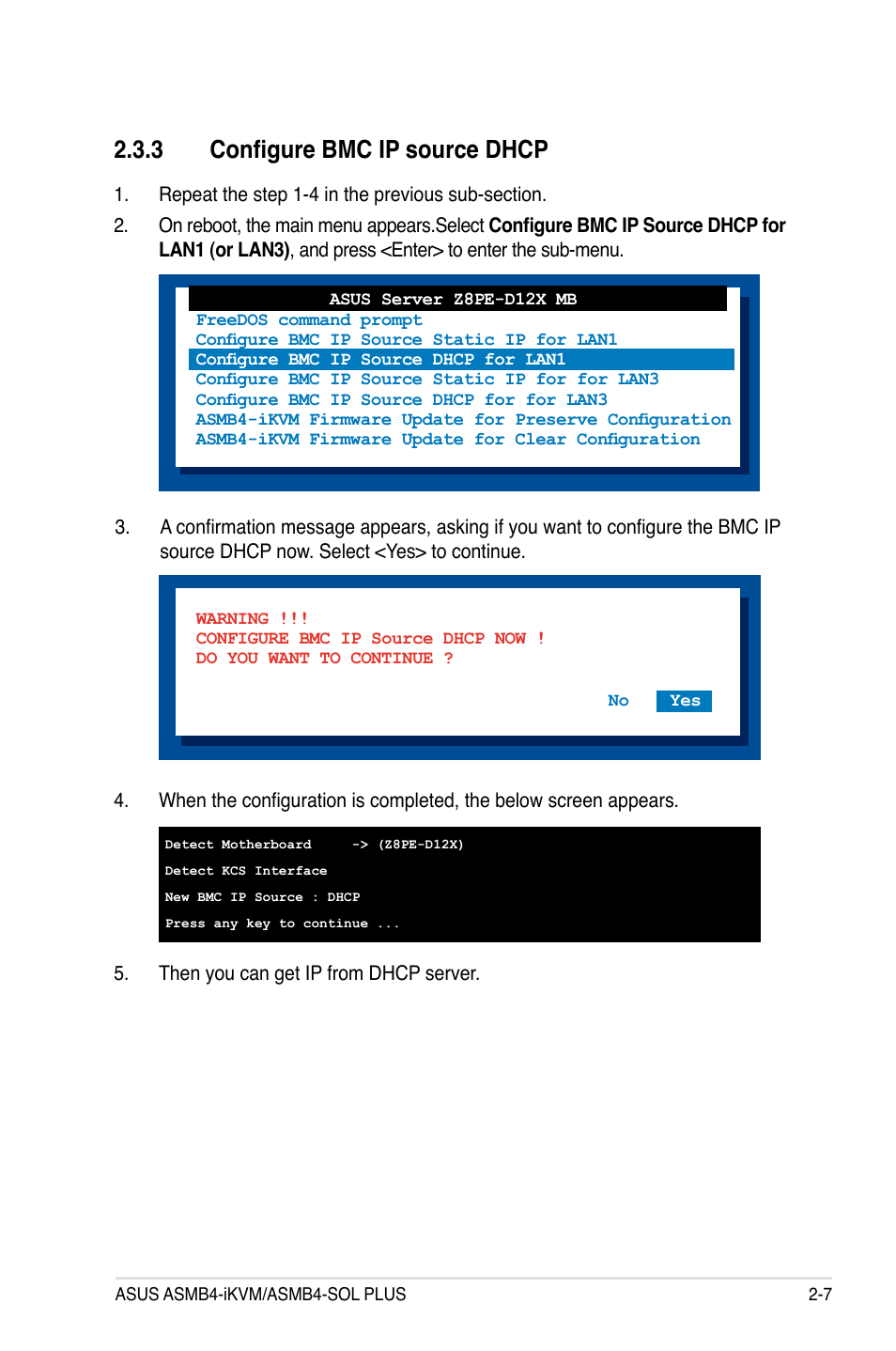 3 configure bmc ip source dhcp, Configure bmc ip source dhcp -7 | Asus ASMB4-iKVM User Manual | Page 23 / 76