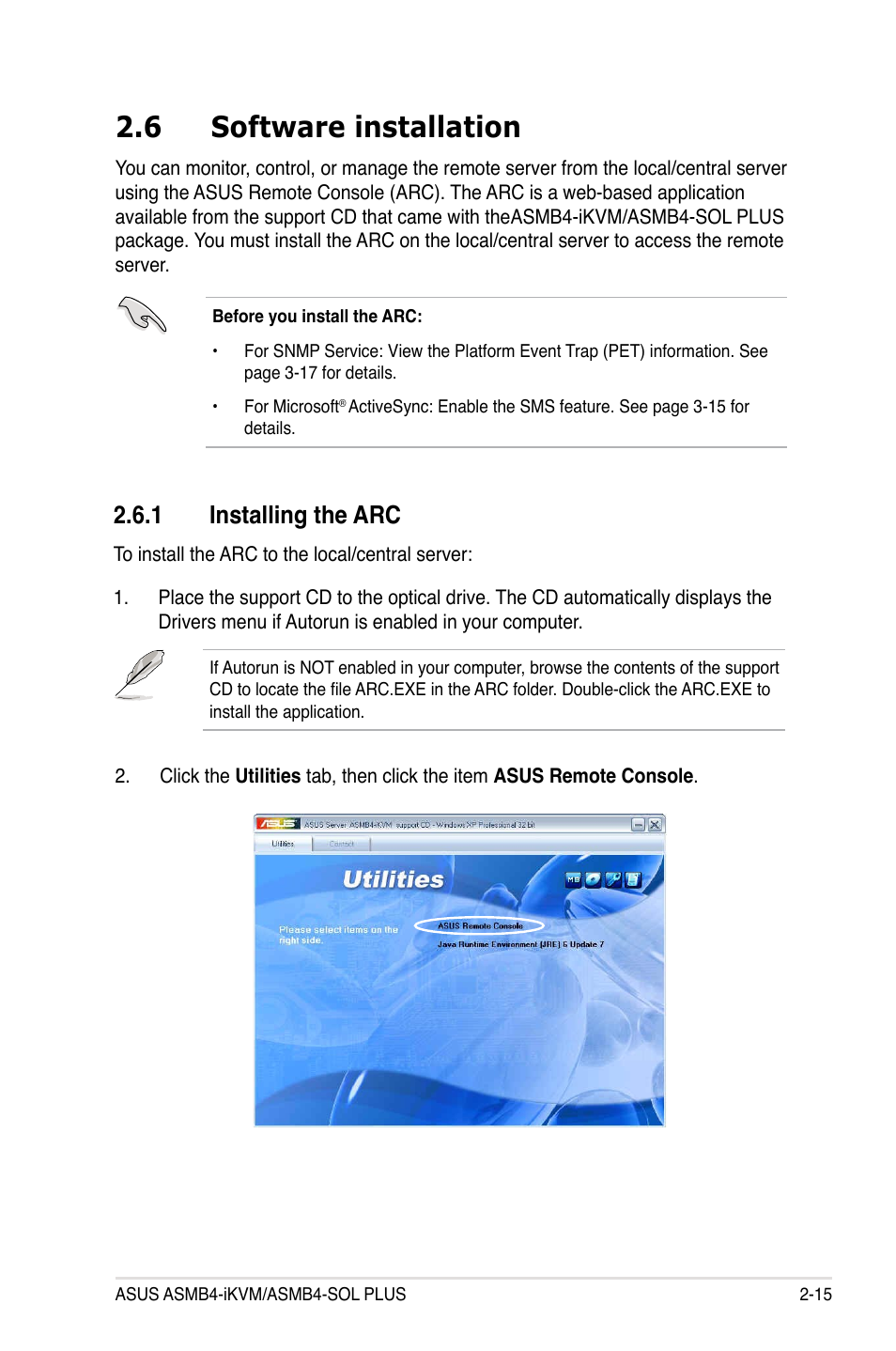 6 software installation, 1 installing the arc, Software installation -15 2.6.1 | Installing the arc -15 | Asus ASMB4-iKVM User Manual | Page 31 / 76